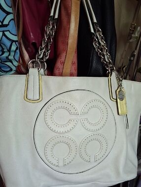 EUC COACH COLETTE WHITE LEATHER LARGE TOTE BAG CHAIN STRAPS